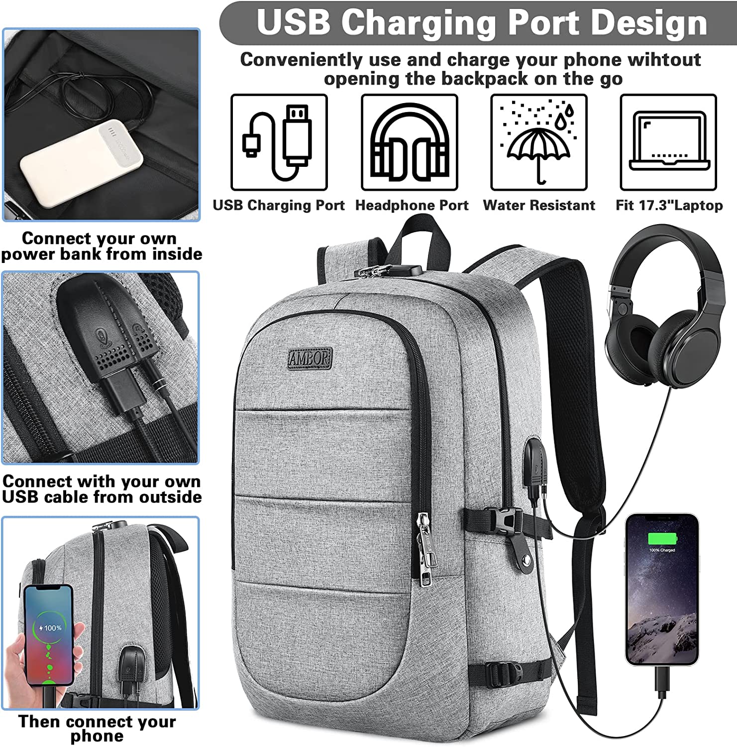 AMBOR Travel Laptop Backpack,17.3 inch Anti Theft Business Laptop Backpack with USB Charging Port and Headphone Interface, College School Backpack for Men & Women,Black - Image 2